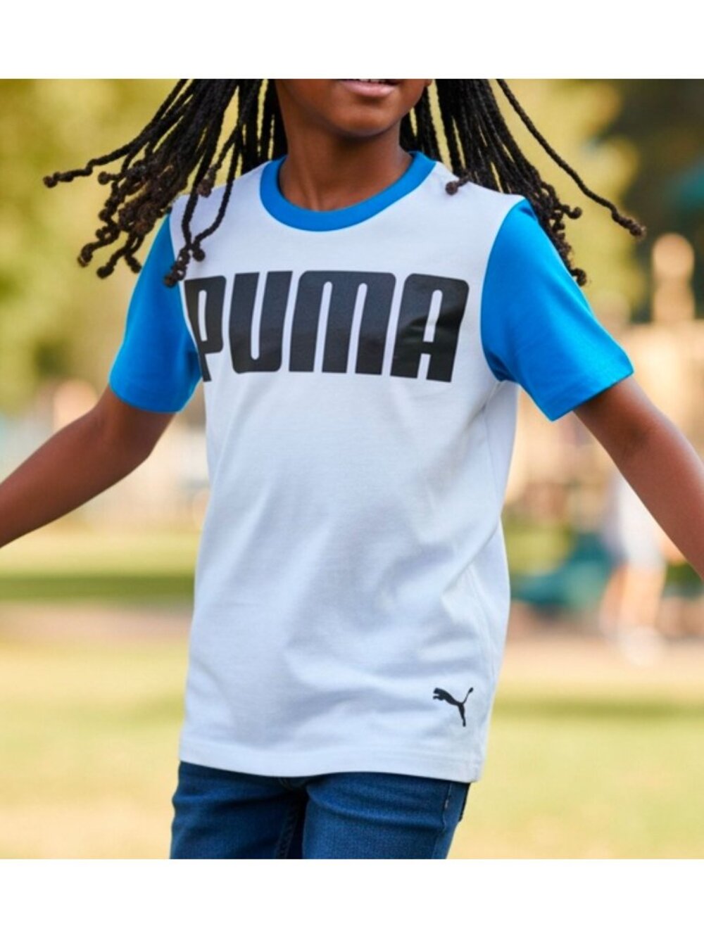 Puma Kids White & Blue Graphic Logo Short-Sleeve T-Shirt - Breathable Cotton Ble